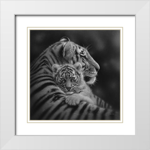 Tiger Mother and Cub - Cherished - BandW White Modern Wood Framed Art Print with Double Matting by Bogle, Collin