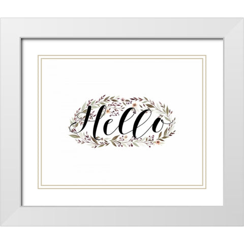 Hello Floral Wreath White Modern Wood Framed Art Print with Double Matting by Moss, Tara