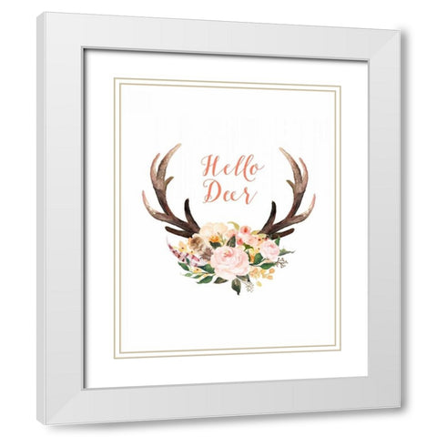Hello Deer Floral White Modern Wood Framed Art Print with Double Matting by Moss, Tara