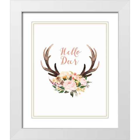 Hello Deer Floral White Modern Wood Framed Art Print with Double Matting by Moss, Tara