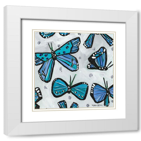 Blue Butterflies White Modern Wood Framed Art Print with Double Matting by Wieners, Valerie