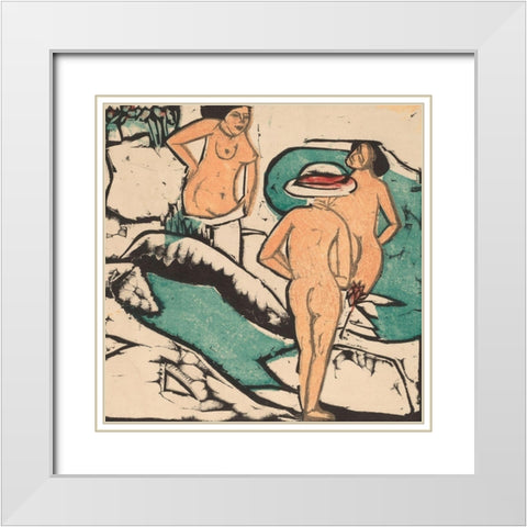 Women Bathing between White Stones White Modern Wood Framed Art Print with Double Matting by Kirchner, Ernst Ludwig