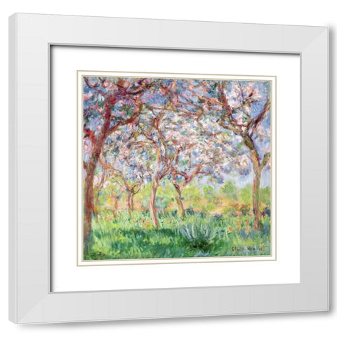 Printemps a Giverny White Modern Wood Framed Art Print with Double Matting by Monet, Claude