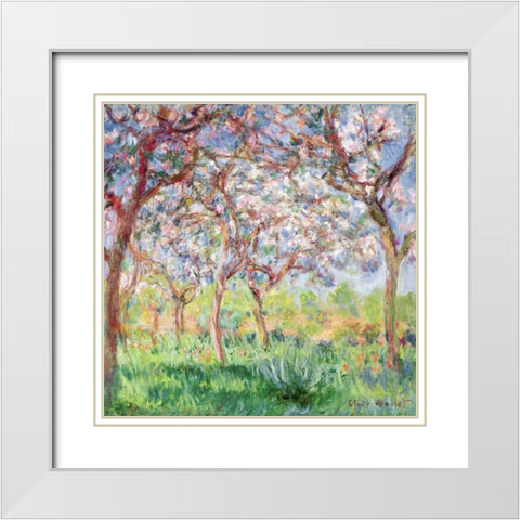 Printemps a Giverny White Modern Wood Framed Art Print with Double Matting by Monet, Claude