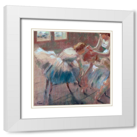 Three Dancers preparing for Class White Modern Wood Framed Art Print with Double Matting by Degas, Edgar