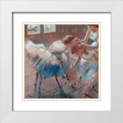Three Dancers preparing for Class White Modern Wood Framed Art Print with Double Matting by Degas, Edgar