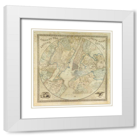 Twelve Miles around NY Map, 1849 White Modern Wood Framed Art Print with Double Matting by Anonymous