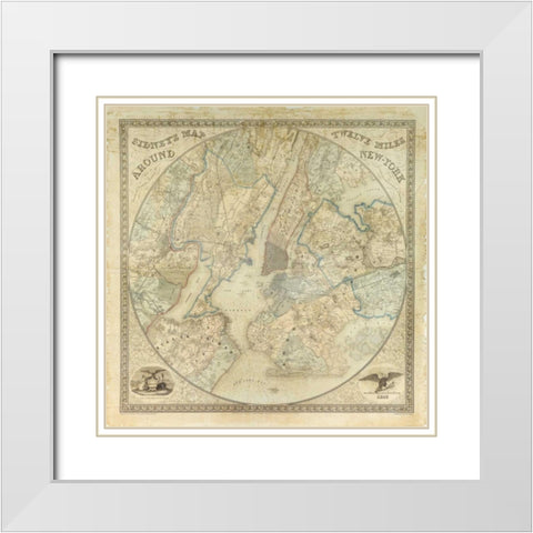 Twelve Miles around NY Map, 1849 White Modern Wood Framed Art Print with Double Matting by Anonymous