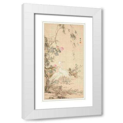 Willow and Herons  White Modern Wood Framed Art Print with Double Matting by Anonymous