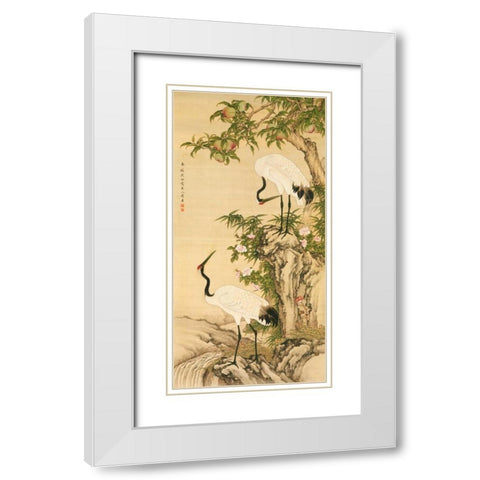 Cranes, Peach Tree, and Chinese Roses  White Modern Wood Framed Art Print with Double Matting by Anonymous
