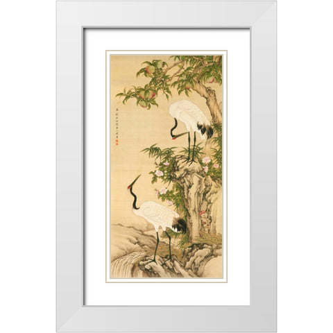 Cranes, Peach Tree, and Chinese Roses  White Modern Wood Framed Art Print with Double Matting by Anonymous