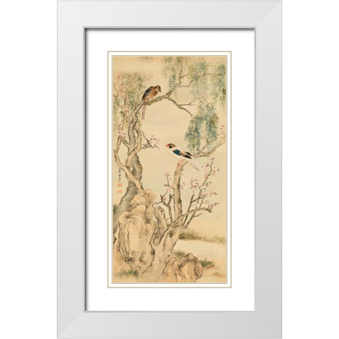 Birds on flowered branches White Modern Wood Framed Art Print with Double Matting by Anonymous