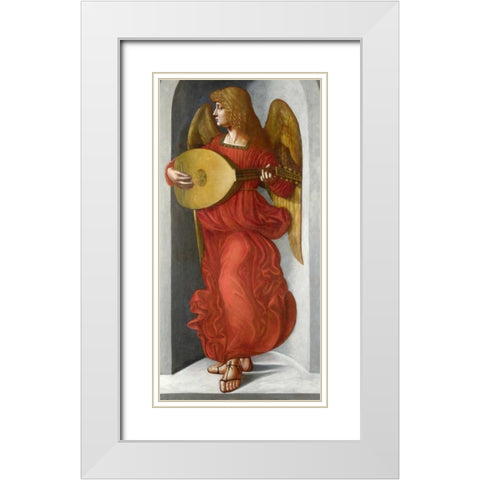 An Angel in Red with a Lute White Modern Wood Framed Art Print with Double Matting by After Leonardo da Vinci