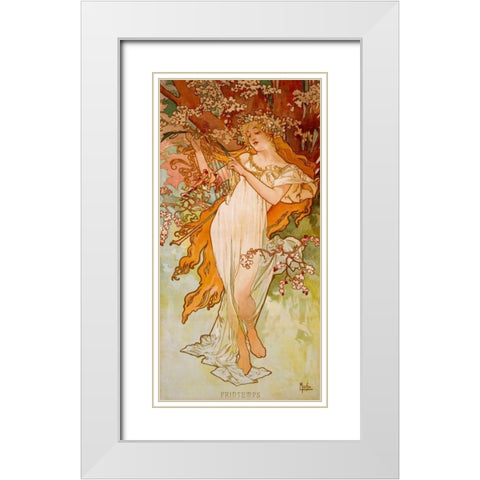 Printemps White Modern Wood Framed Art Print with Double Matting by Mucha, Alphonse