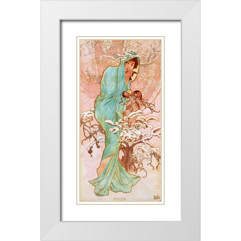 Hiver White Modern Wood Framed Art Print with Double Matting by Mucha, Alphonse