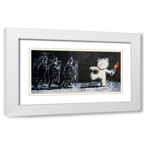 Stokes Croft Road, Bristol (graffiti attributed to Banksy) White Modern Wood Framed Art Print with Double Matting by Anonymous (attributed to Banksy)