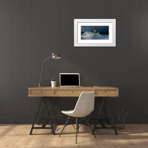 Phare d Ar-Men lors d une tempete White Modern Wood Framed Art Print with Double Matting by Guichard, Jean