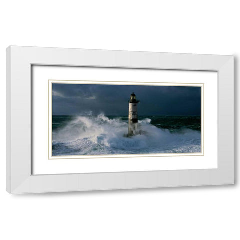 Phare d Ar-Men lors d une tempete White Modern Wood Framed Art Print with Double Matting by Guichard, Jean