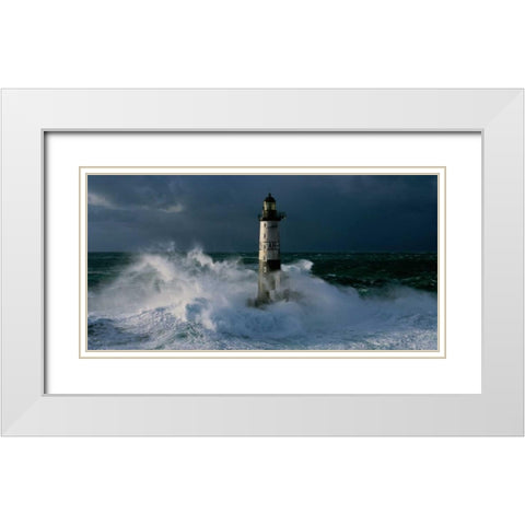 Phare d Ar-Men lors d une tempete White Modern Wood Framed Art Print with Double Matting by Guichard, Jean