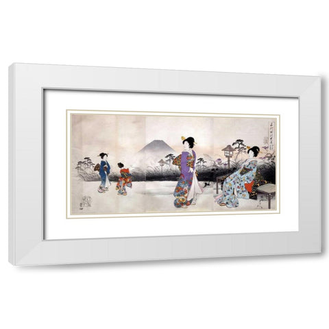 Japonaises en promenade devant le mont Fuji White Modern Wood Framed Art Print with Double Matting by Toyohara