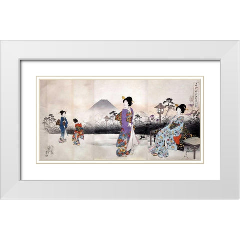 Japonaises en promenade devant le mont Fuji White Modern Wood Framed Art Print with Double Matting by Toyohara