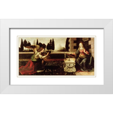 Annunciazione White Modern Wood Framed Art Print with Double Matting by da Vinci, Leonardo