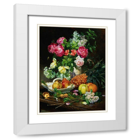 Painting of Roses in a Vase, Pears in a Porcelain Bowl White Modern Wood Framed Art Print with Double Matting by Anonymous