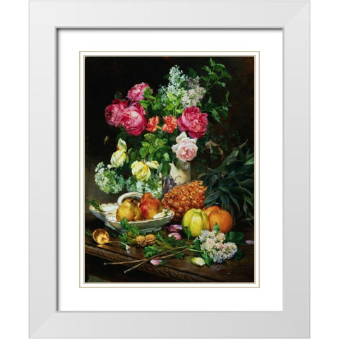 Painting of Roses in a Vase, Pears in a Porcelain Bowl White Modern Wood Framed Art Print with Double Matting by Anonymous