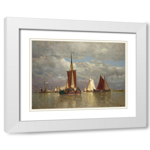 Ships lying near Dordrecht White Modern Wood Framed Art Print with Double Matting by Clays, Paul Jean