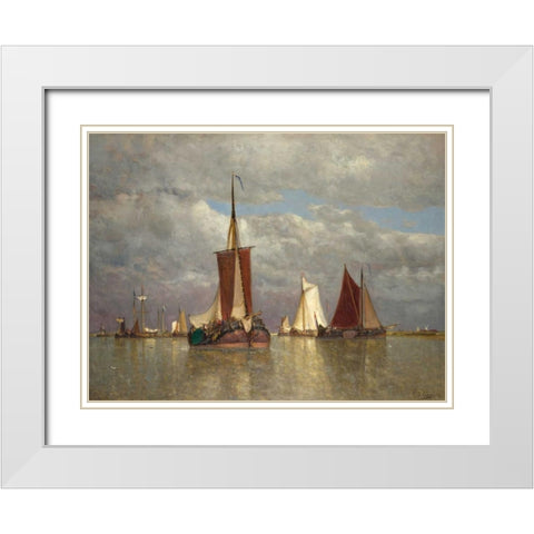 Ships lying near Dordrecht White Modern Wood Framed Art Print with Double Matting by Clays, Paul Jean