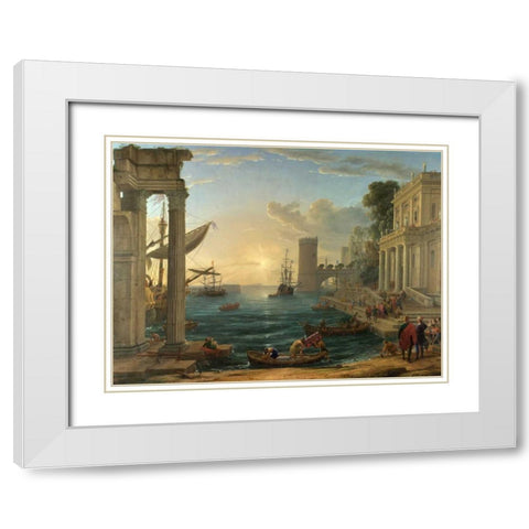 Seaport with the embarkation of the Queen of Sheba White Modern Wood Framed Art Print with Double Matting by Gellee, Claude