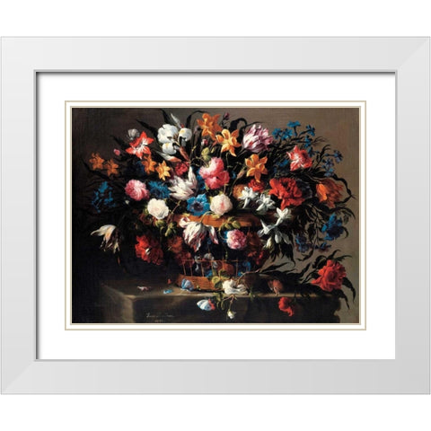 Small basket of Flowers White Modern Wood Framed Art Print with Double Matting by de Arellano, Juan