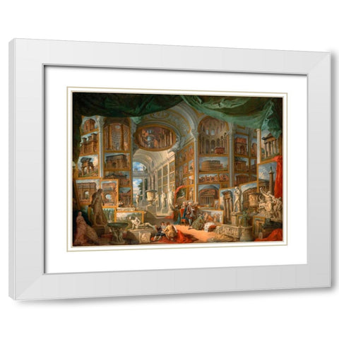 Galleria con vedute di Roma antica White Modern Wood Framed Art Print with Double Matting by Panini, Giovanni Paolo