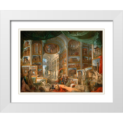 Galleria con vedute di Roma antica White Modern Wood Framed Art Print with Double Matting by Panini, Giovanni Paolo