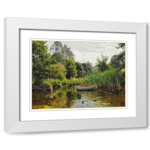 A forest lake with a rowboat White Modern Wood Framed Art Print with Double Matting by Monsted, Peder Mork