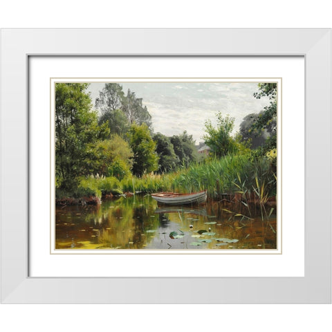 A forest lake with a rowboat White Modern Wood Framed Art Print with Double Matting by Monsted, Peder Mork