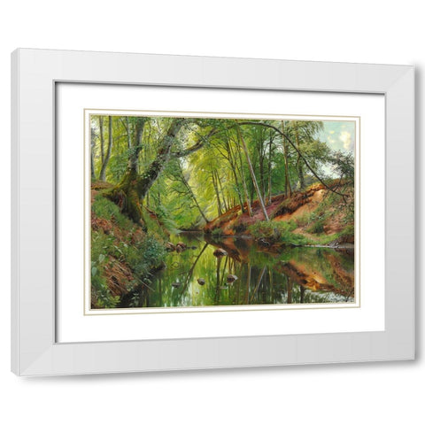 A stream in the forest White Modern Wood Framed Art Print with Double Matting by Monsted, Peder Mork