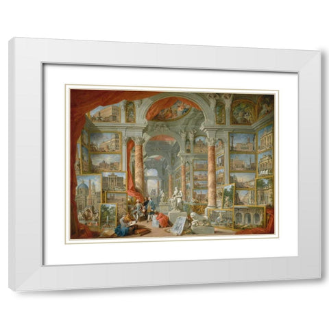 Galleria con vedute di Roma antica White Modern Wood Framed Art Print with Double Matting by Panini, Giovanni Paolo