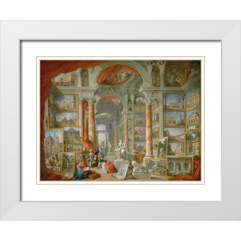 Galleria con vedute di Roma antica White Modern Wood Framed Art Print with Double Matting by Panini, Giovanni Paolo