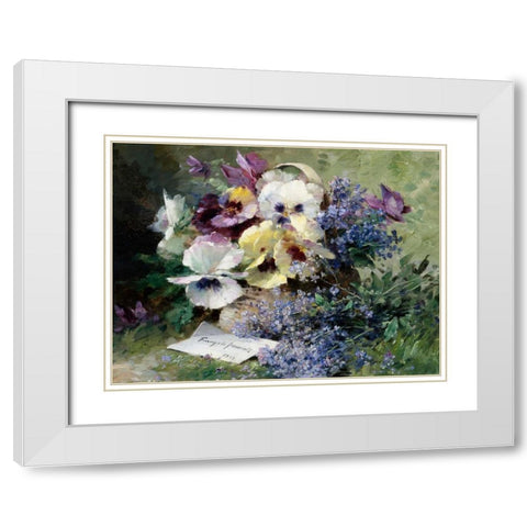 Pansies and Forget Me Not White Modern Wood Framed Art Print with Double Matting by Furcy de Lavault, Albert-Tibulle