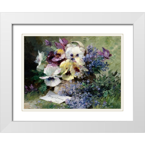 Pansies and Forget Me Not White Modern Wood Framed Art Print with Double Matting by Furcy de Lavault, Albert-Tibulle