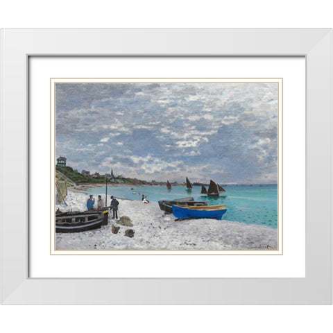 The Beach at Sainte-Adresse White Modern Wood Framed Art Print with Double Matting by Monet, Claude