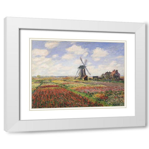 Tulip Fields with Windmill White Modern Wood Framed Art Print with Double Matting by Monet, Claude