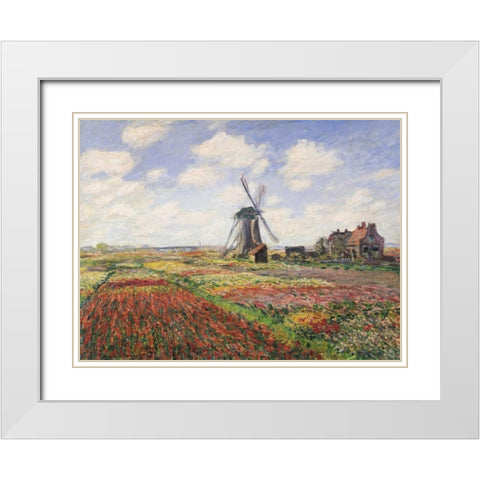 Tulip Fields with Windmill White Modern Wood Framed Art Print with Double Matting by Monet, Claude