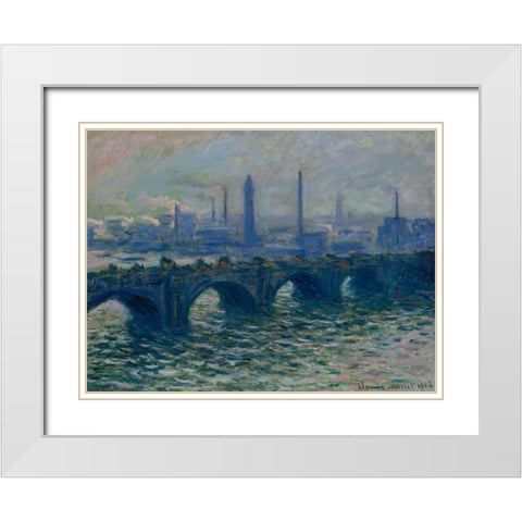 Waterloo Bridge London White Modern Wood Framed Art Print with Double Matting by Monet, Claude