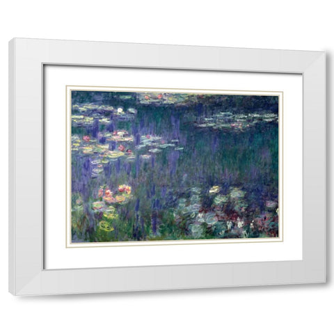 Waterlilies- Green Reflections White Modern Wood Framed Art Print with Double Matting by Monet, Claude