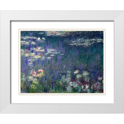 Waterlilies- Green Reflections White Modern Wood Framed Art Print with Double Matting by Monet, Claude