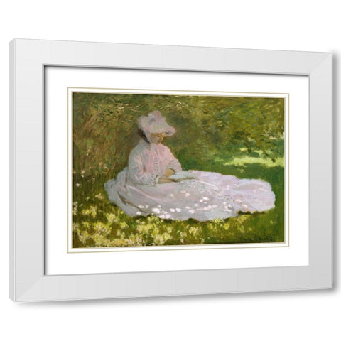 Springtime White Modern Wood Framed Art Print with Double Matting by Monet, Claude