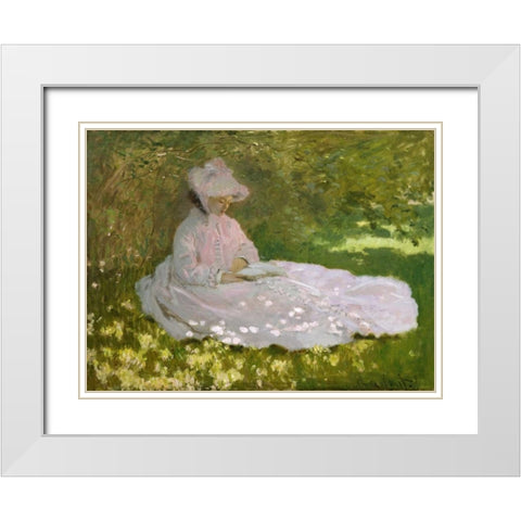 Springtime White Modern Wood Framed Art Print with Double Matting by Monet, Claude