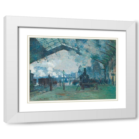 Arrival of the Normandy Train - Gare Saint-Lazare White Modern Wood Framed Art Print with Double Matting by Monet, Claude